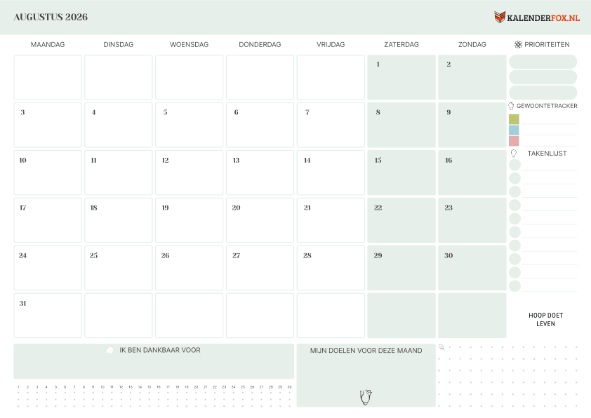 Preview Kalender augustus met To Do List
