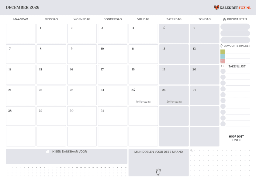 Preview Kalender december met Feestdagen