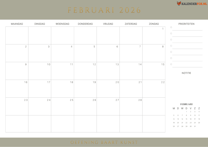 Preview Lege Kalender februari met Priorities
