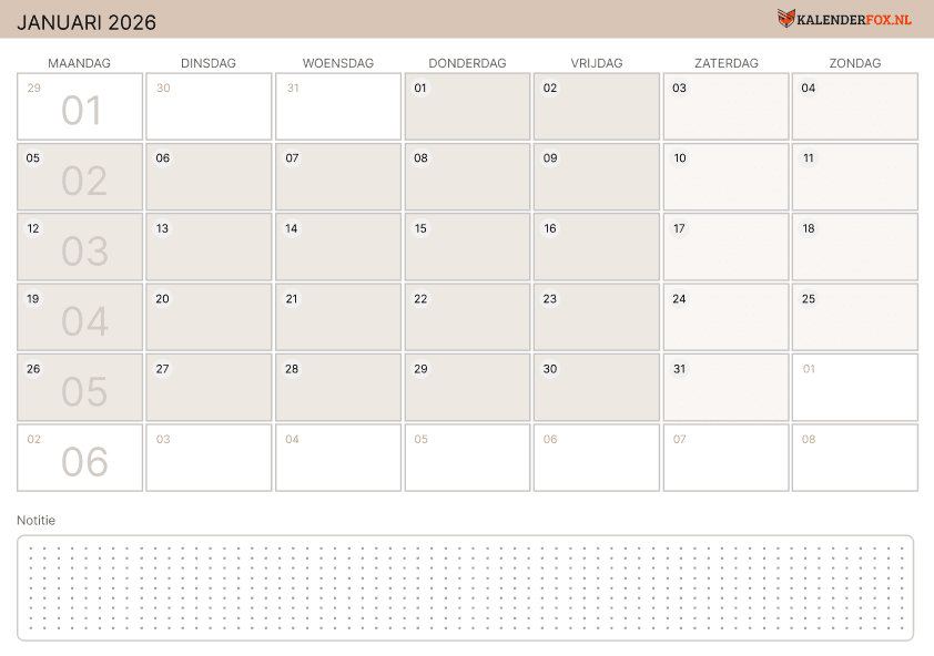 Preview Januari Kalender met Weeknummer