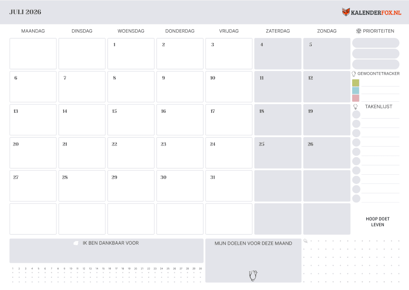 Preview Kalender juli met Feestdagen