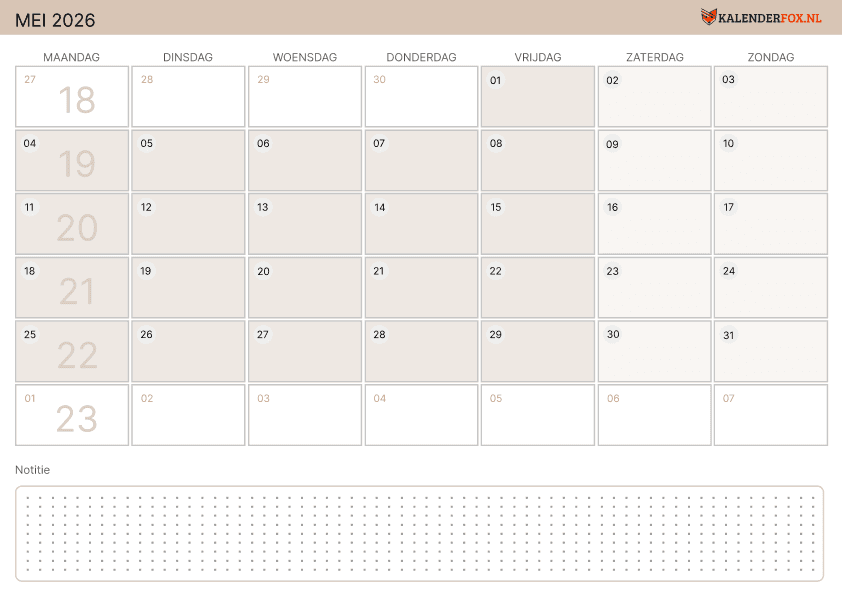 Preview Kalender Mei met Weeknummers