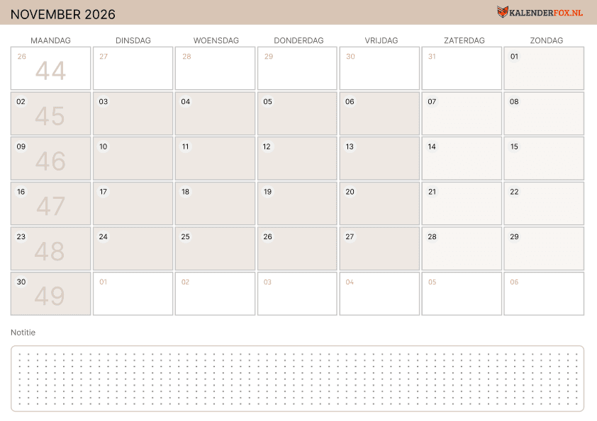Preview Kalender november met Weeknummers
