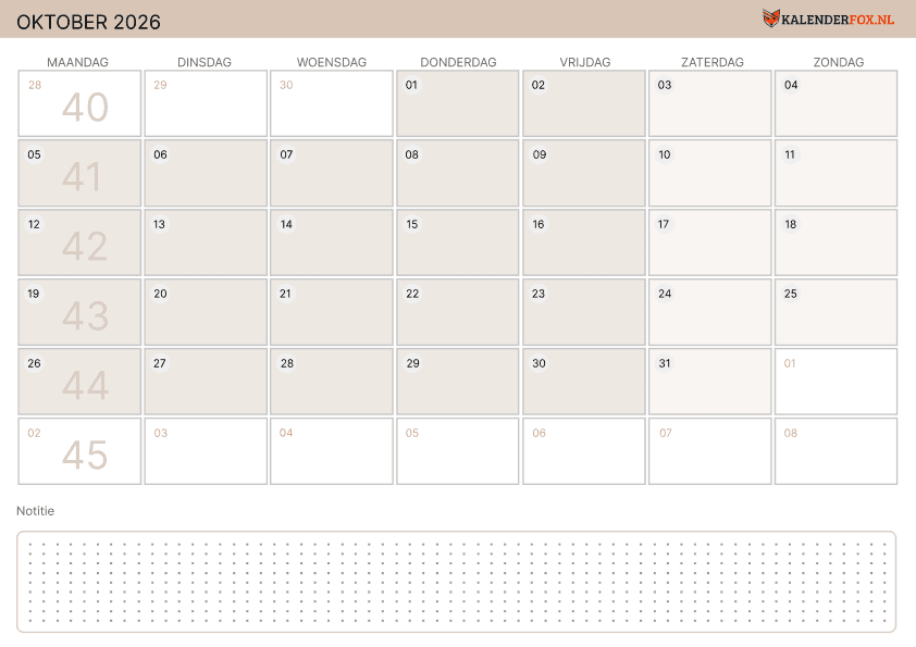 Preview Kalender oktober met Weeknummers