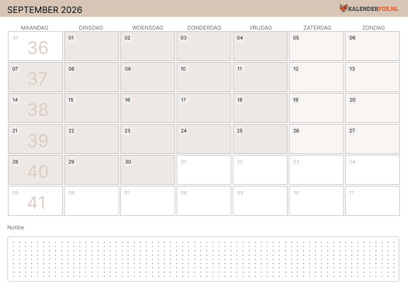 Preview Kalender september met Weeknummers
