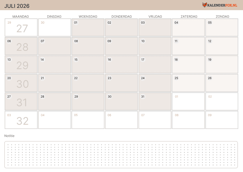 Jaar Week Kalender Juli 2026 Afdrukken - PDF Gratis