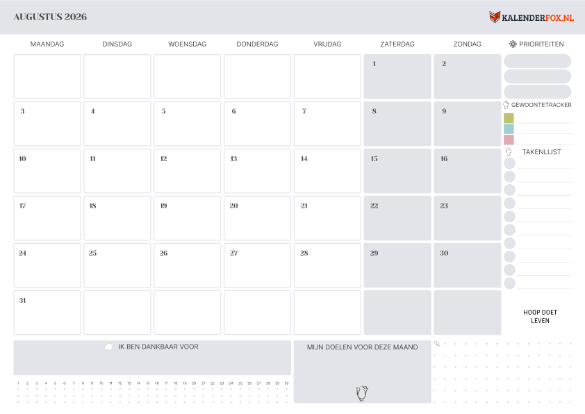 Kalender Augustus 2026 Afdrukken PDF Gratis kalender-augustus-2026-afdrukken-pdf-gratis