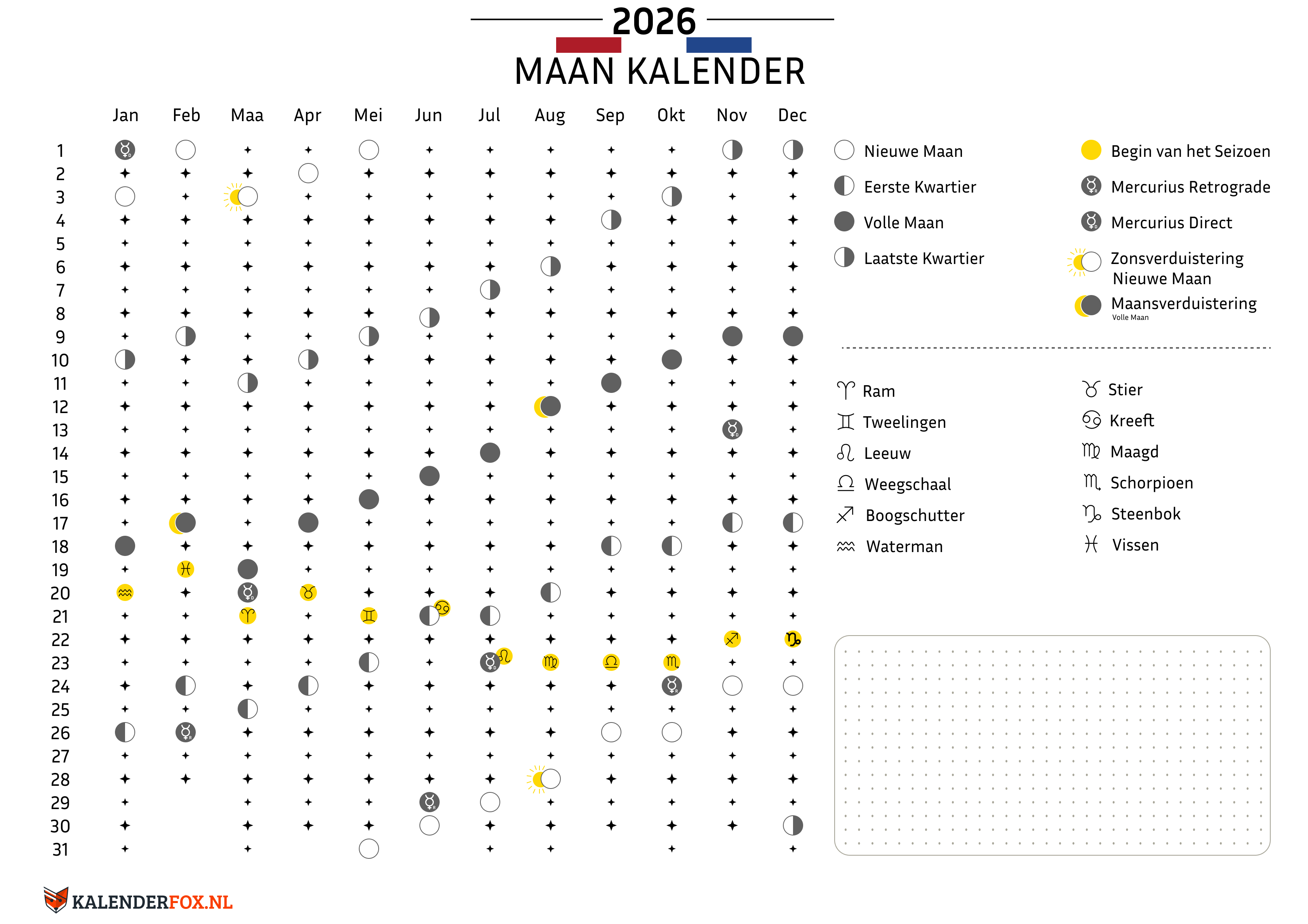 Jaarkalender 2026 met Maanfasen