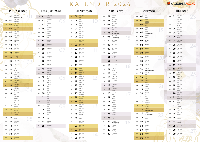 Jaarkalender 2026 met Weeknummers