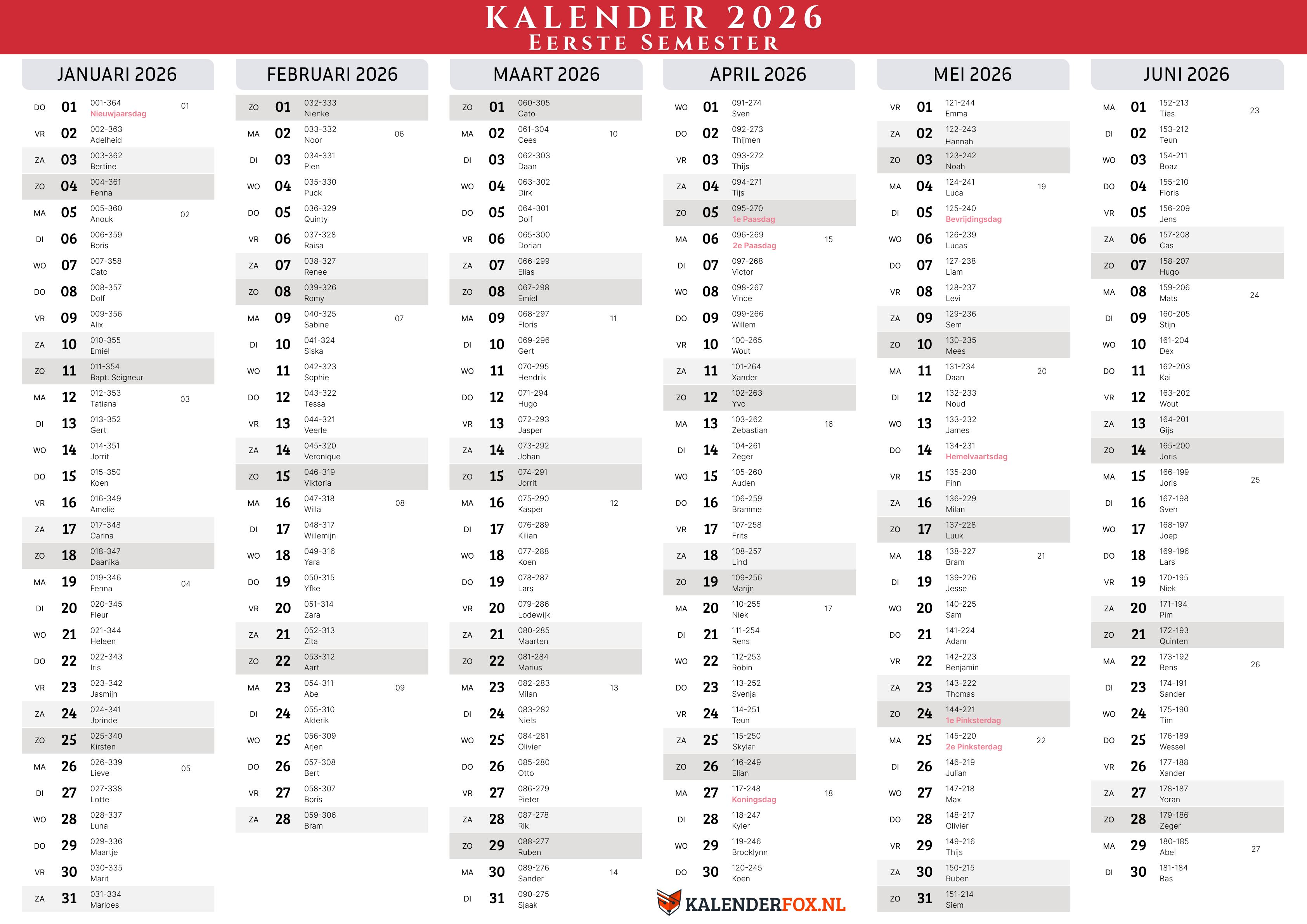 Kalender 2026 Eerste Semester