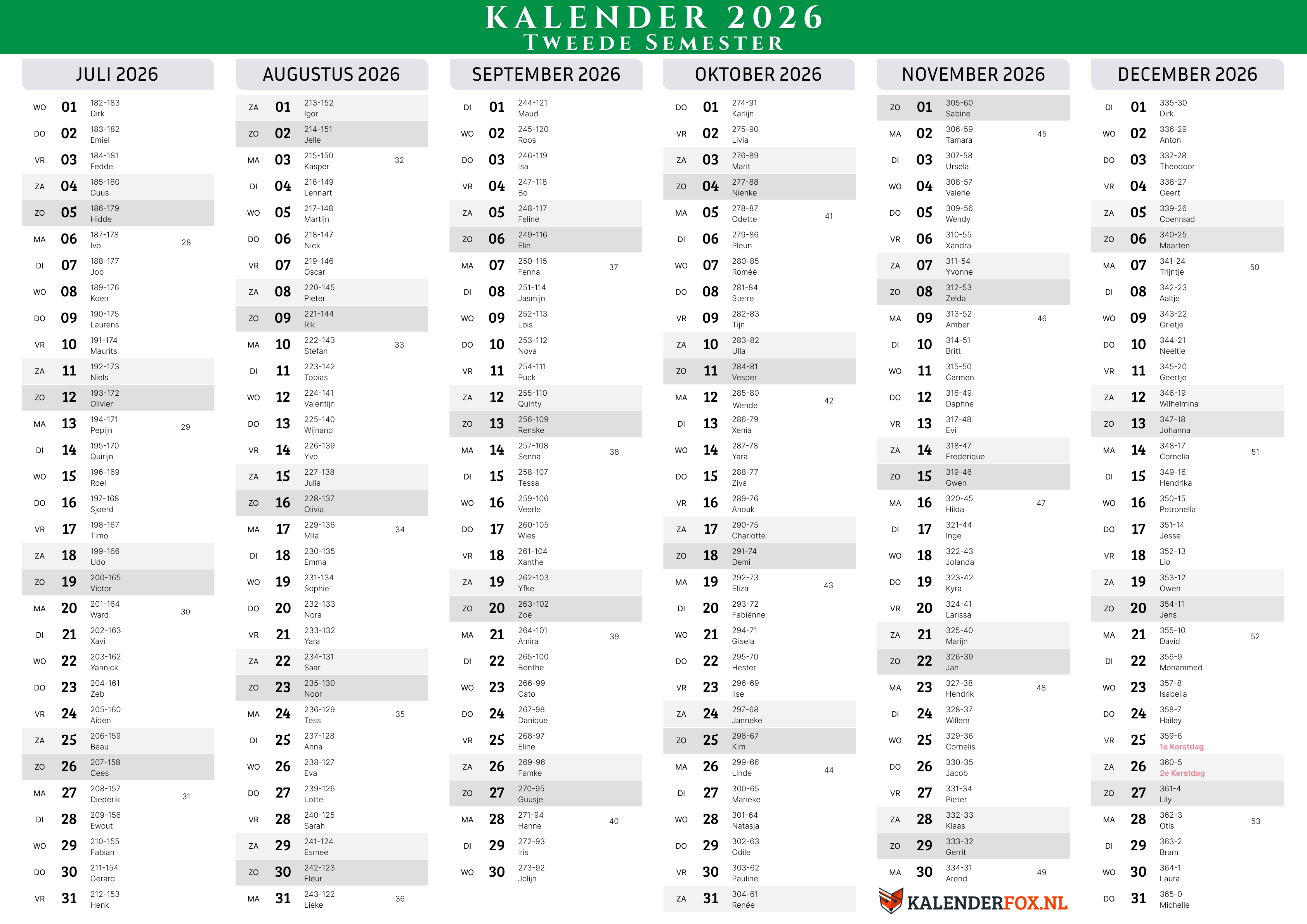 Kalender 2026 Tweede Semester