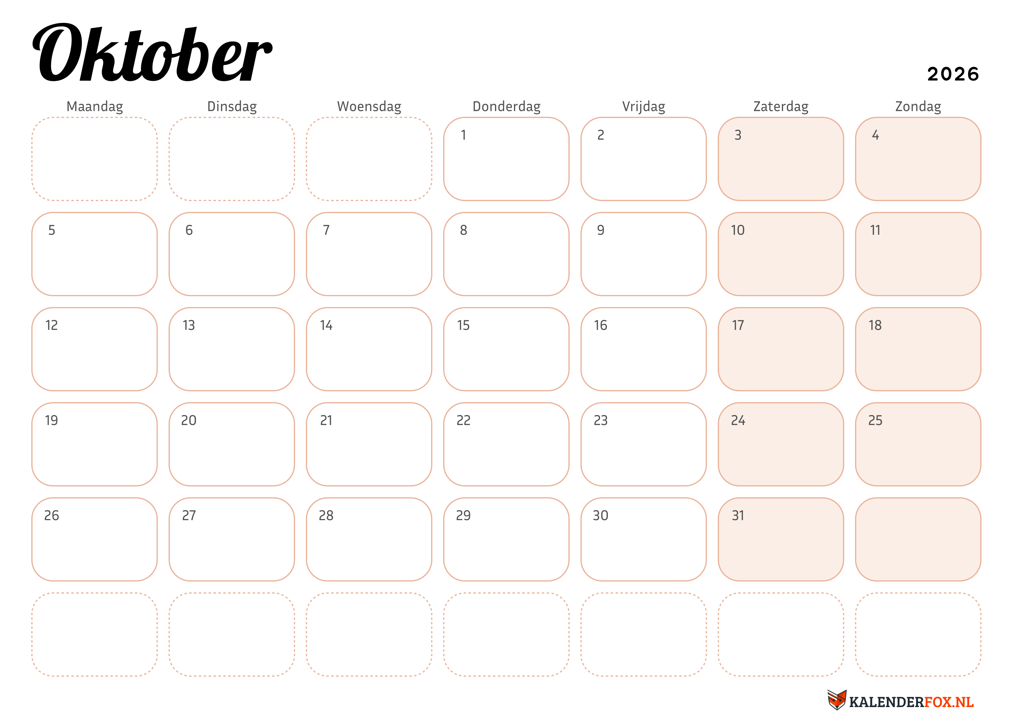 Kalender Oktober 2026